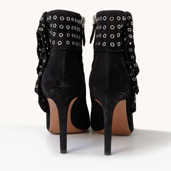 Alaïa Black Suede Grommet Embellished Ruffled Ankle Boots | Size 38.5 - Picture 5 of 16